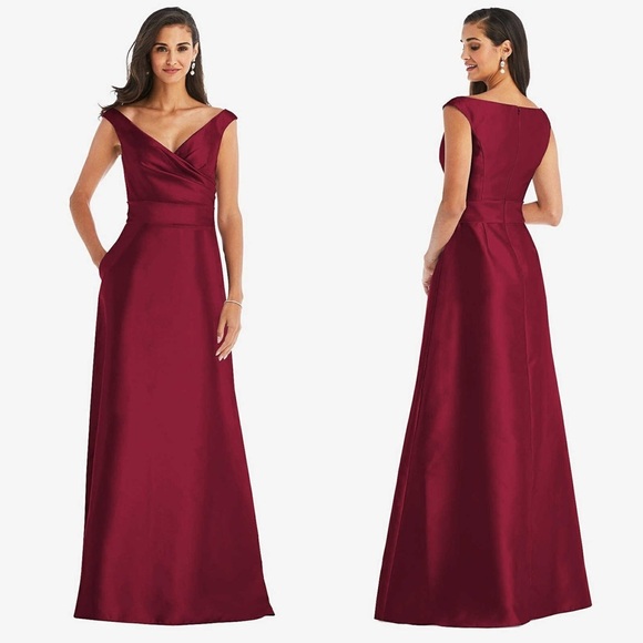 NWT ALFRED SUNG Burgundy Satin Twill Off Shoulder Draped V-Neck Ball Gown 10 - Picture 1 of 4